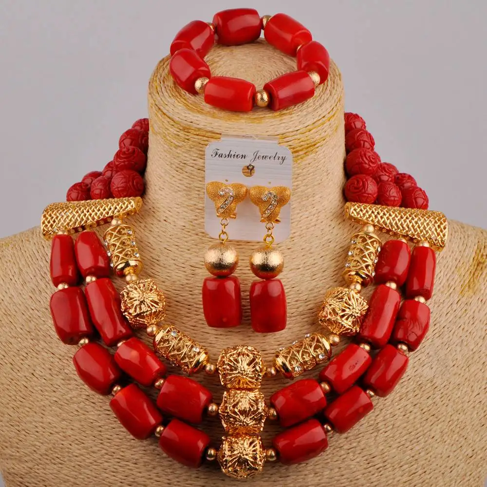 Красные африканские коралловые бусы ювелирный набор 3 слоя ожерелье + браслет