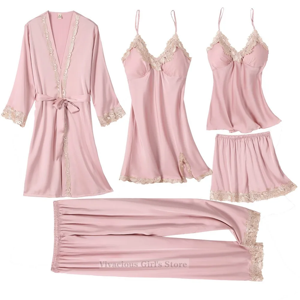 

Pink Satin Pajamas Suit For Women Spring Summer 5PCS Sleepwear Pyjama Pour Femme Sexy Wedding Robe Set Kimono Gown Home Wear