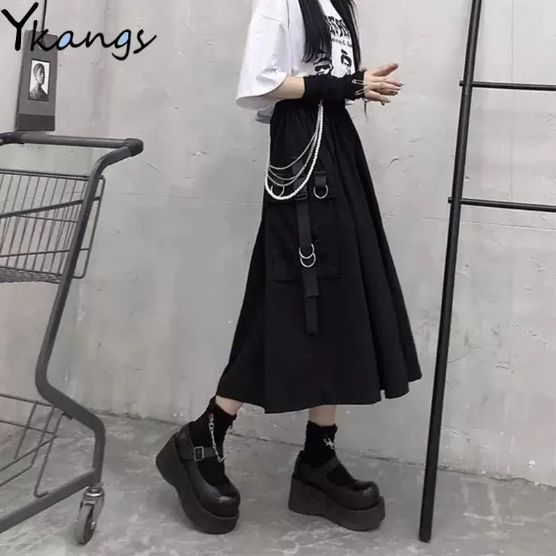 

High Waist Loose A-line Cargo Skiets chain Side Ring Pocket Midi Long Black Skirt Korean Hip Hop Streetwear Harajuku OverSize
