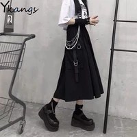 high waist loose a line cargo skiets chain side ring pocket midi long black skirt korean hip hop streetwear harajuku oversize