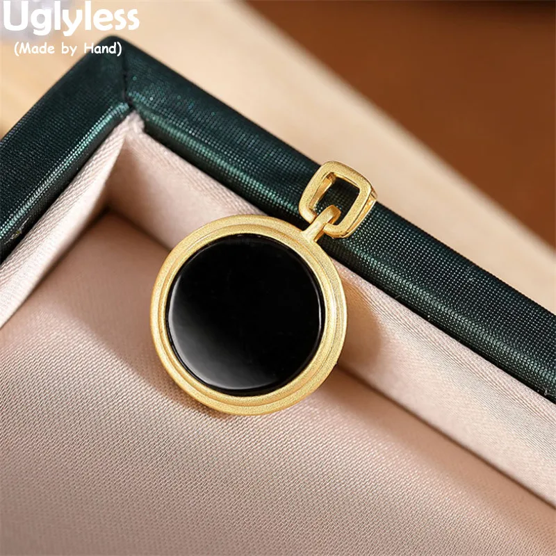 

Uglyless Rare Super Dark Green as Black Jade Pendants Necklaces NO Chain Simple Fashion Round Blank Gemstones Jewelry 925 Silver