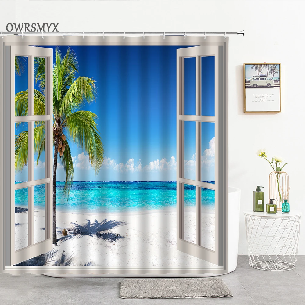 

Window Ocean Beach Coconut Tree Landscape Shower Curtains Natural Scenery Bath Decor Curtain Bath Accessories Bathroom Products