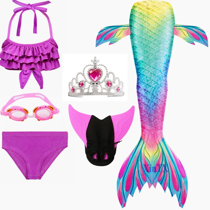 

Детский Костюм Русалки Ариэль, хвост русалки с моноластами, Моноласты, хвосты для купания, с гирляндой или короной, 6 шт.