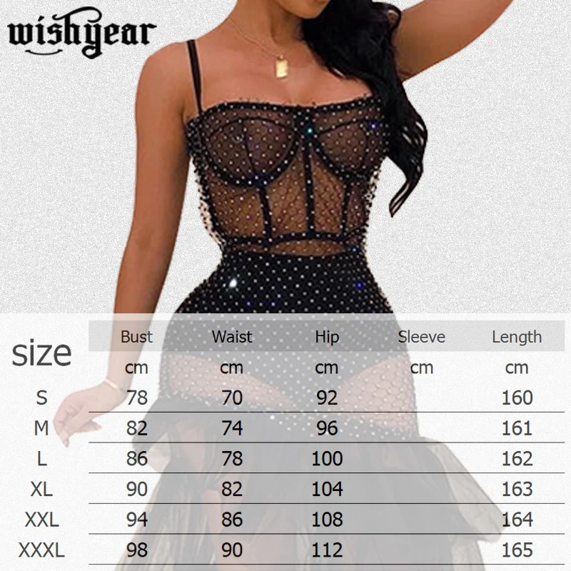 

Plus Size S-3XL Diamonds Sheer Mesh Sexy Club Dress Cascading Ruffles Spaghetti Straps Long Summer Dresses Women Vestido