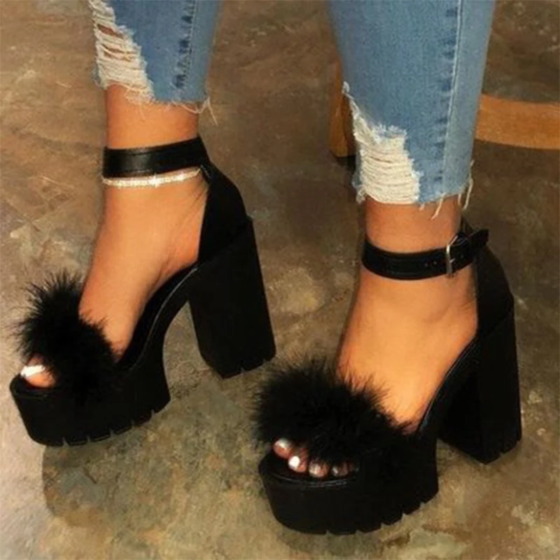 

Woman Furry Sandals High Heels with Fur Female Platform Pumps Women Ankle Strap Women's Wedge Shoes 2021 Summer