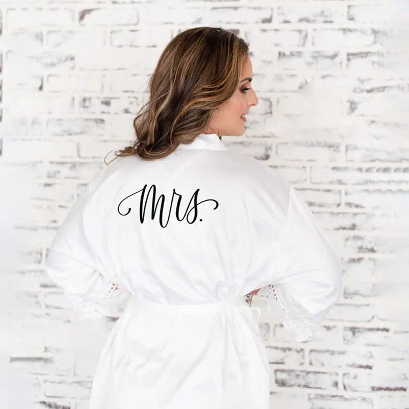 White Lace Satin Bride Robe Personalized Wedding Day Nightgown Bridesmaid Gift Mrs Robe Bridal Shower