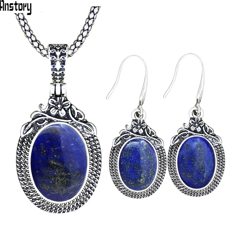 Natural Lapis Винтажный комплект из ожерелья и сережек с аметистом, винтажный комплект из натурального камня, кварца, Модный женский комплект TS574 - Окраска металла: Natural Lapis