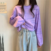 purple tie dyed striped t shirt womens autumn 2021 new gentle loose short long sleeved top summer bottomed shirt