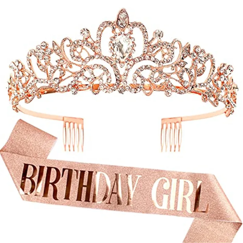 

Rose Gold Birthday Party Decoration Glitter Sash Crystal Crown Set for Girls Queens Tiara Happy Birthday Anniversary Supplies