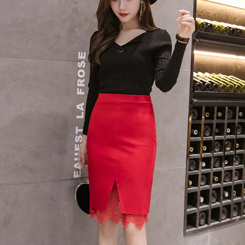

Women's Spring Autumn Skirts Korean Style Pure Color Lace Stitching Split Skirt New High Waist Slim Stretch Female Skirt LL561