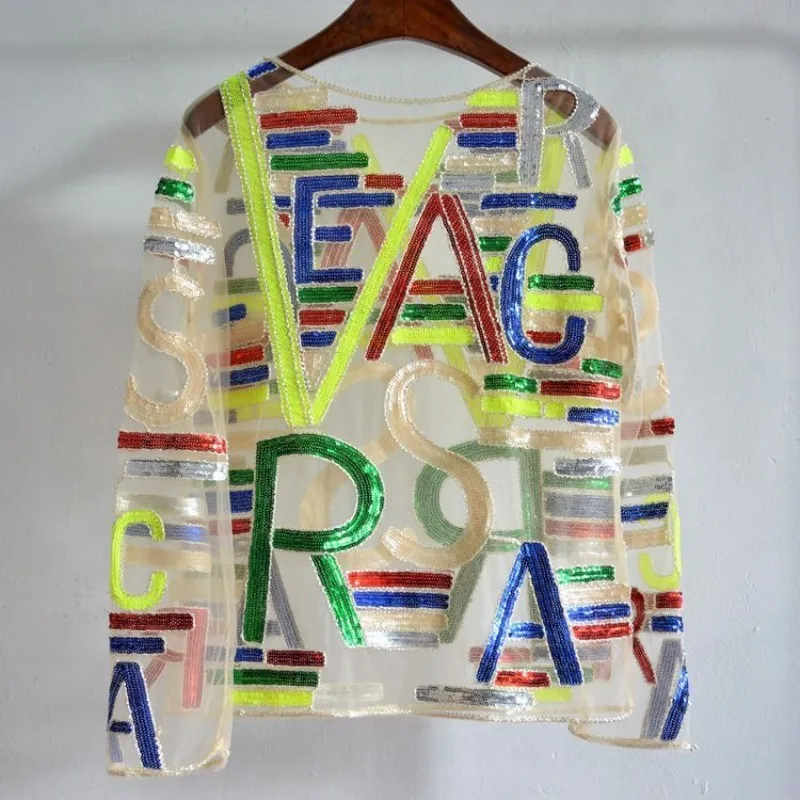 Модная уличная одежда с длинным рукавом кружевные футболки для женщин буквенным