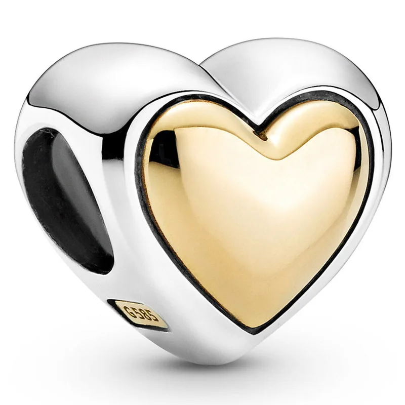 

Original 925 Sterling Silver Charm Two Tone Domed Golden Heart Bead Fit Pandora Bracelet DIY Jewelry