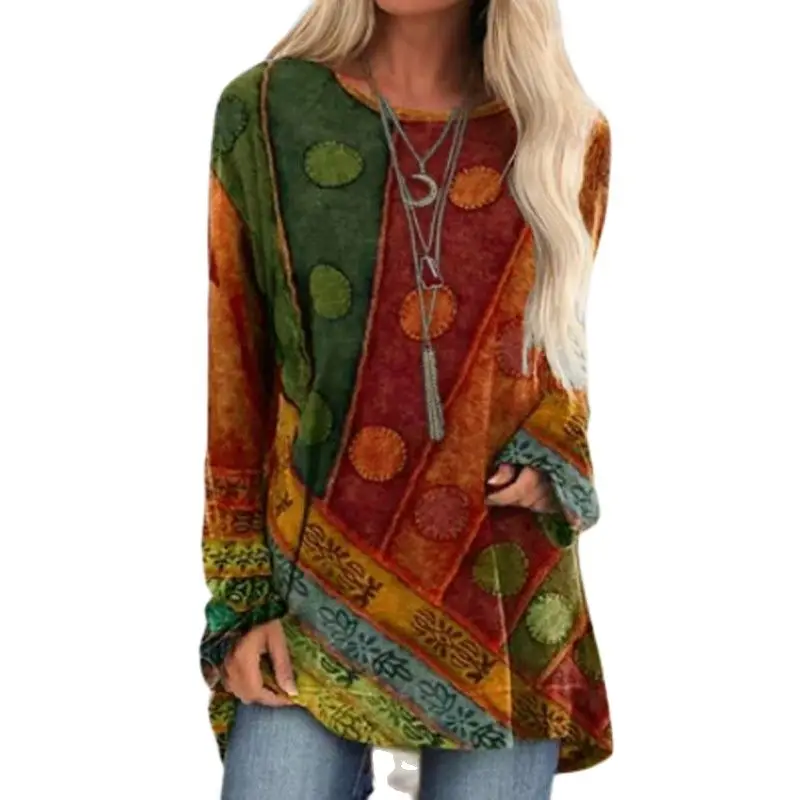 

New Women Ethnic Style Printed Loose Long-Sleeve Fashion T-Shirt Sweater For Autumn 2021 Ladies Casual Loose Splice O-Neck Tops