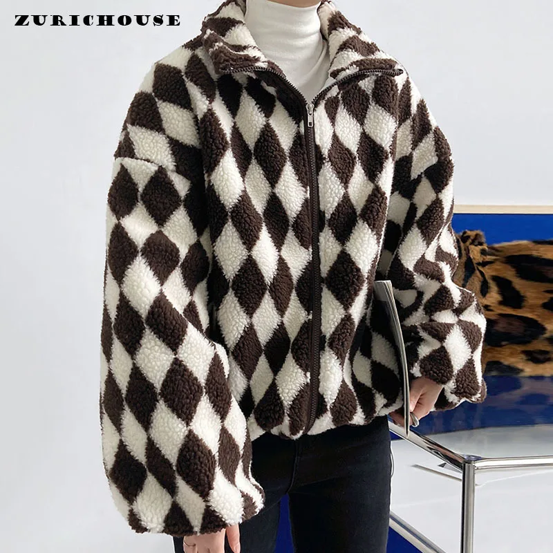 

ZURICHOUSE Checkerboard Artificial Lambswool Women's Jacket Thick Loose Warm Stand Collar Autumn Winter Faux Fur Coat Woman