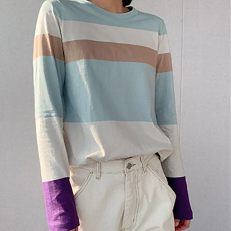 Простая повседневная женская футболка с длинным рукавом и круглым вырезом