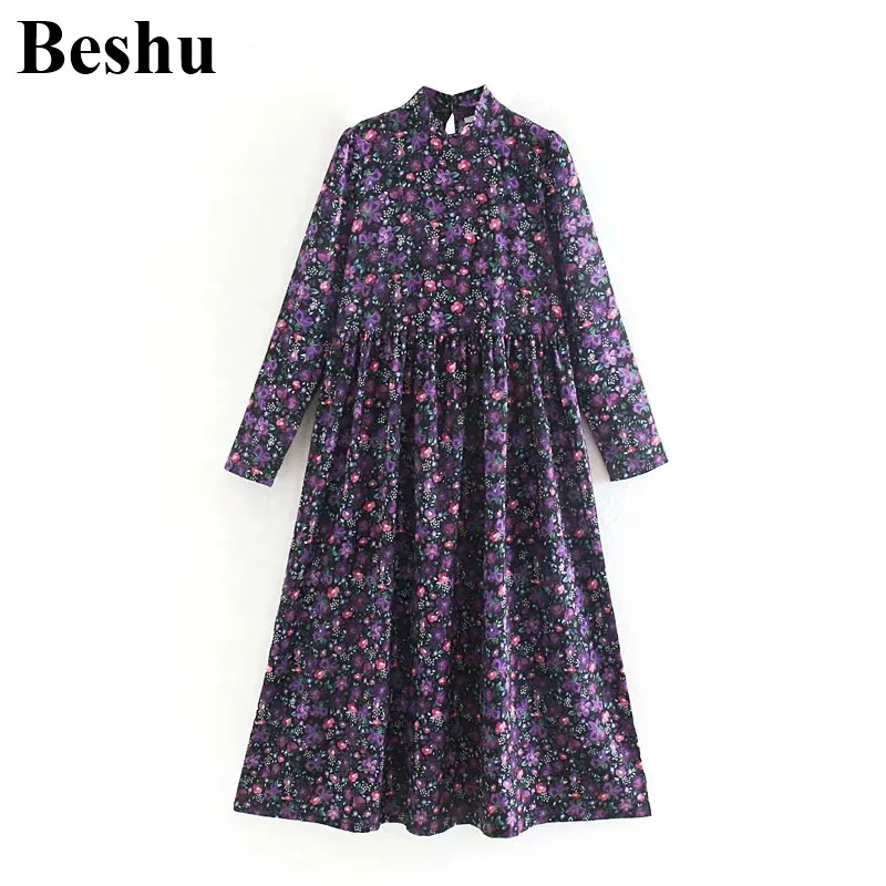 Женское шифоновое платье миди ZA фиолетовое Свободное с цветочным принтом и