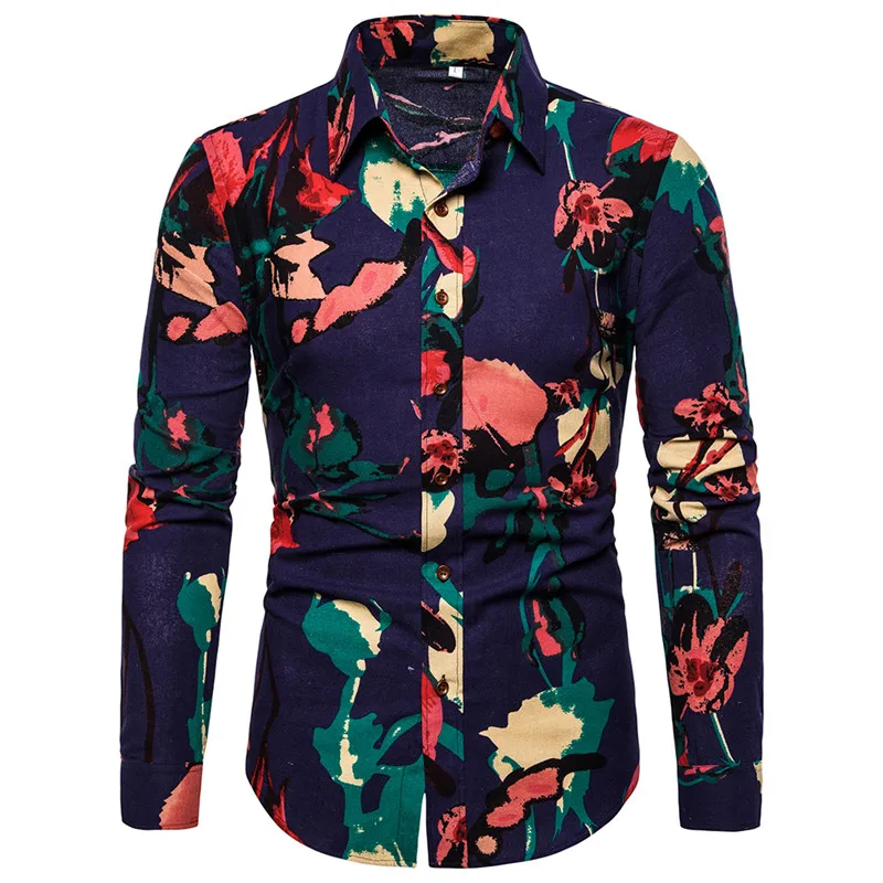 Винтажная рубашка с цветочным принтом для мужчин 2019 осенняя Новинка приталенная
