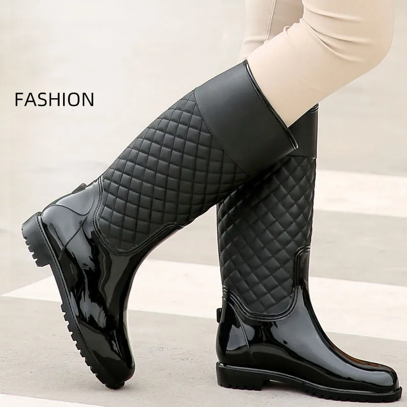

New Women Rain Boots Fashion Waterproof Lady Plush Warm Italianate Pvc Rubber Knee-High Boots Non-Slip Fashion Casual Shoes