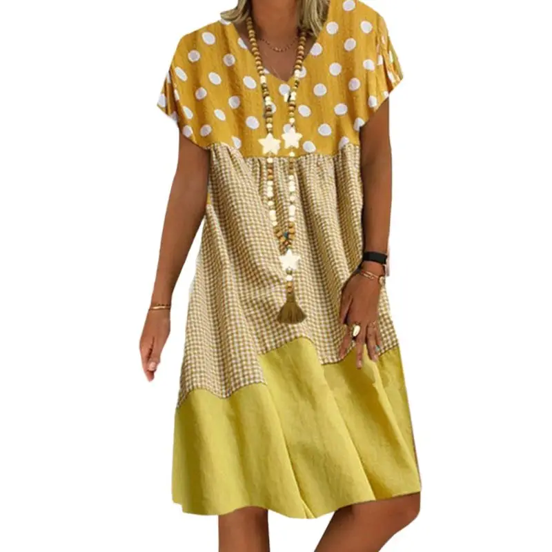

Women Short Sleeves V-Neck Loose Midi Dress Plaid Polka Dot Patchwork Sundress X5XA