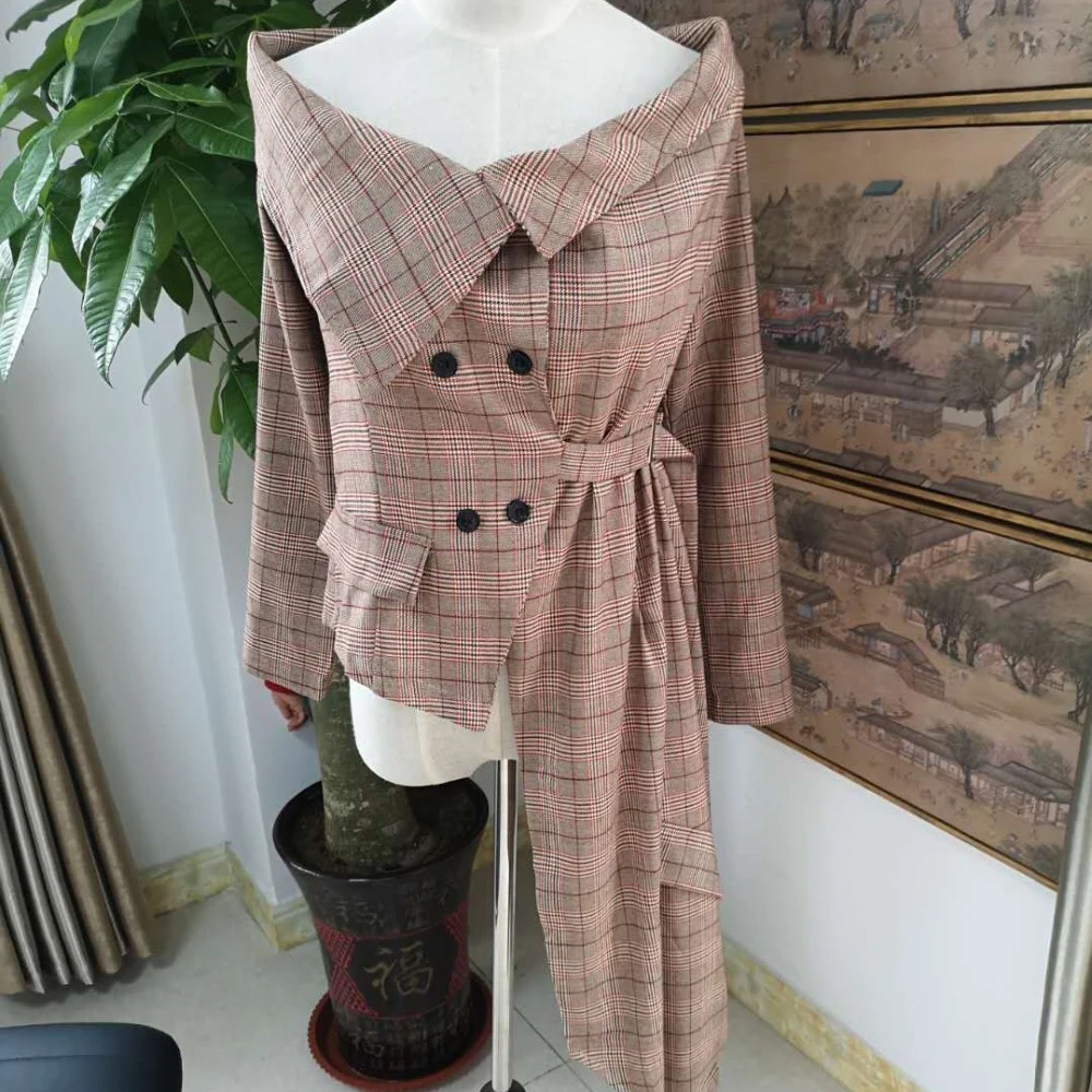 

Off The Shoulder Jacket Women Irregular Coat Plaid Elegant Vintage Suit Plus Size Autumn Jackets Outerwear Giacca Spalla Off