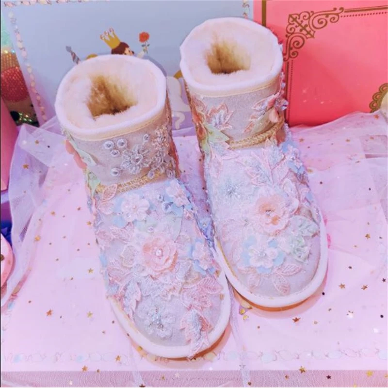 

Candy color embroidery three-dimensional flower cowhide fur one short tube flat bottom female cotton shoes snow boots