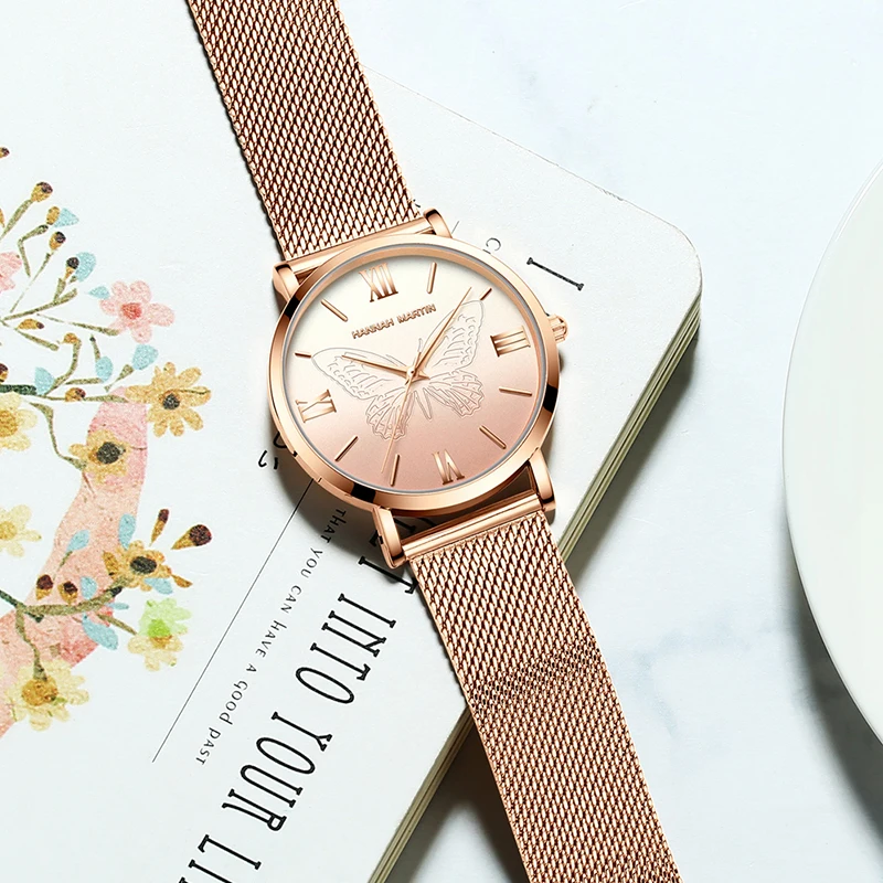 Hannah Martin женские часы с бабочкой водонепроницаемые кварцевые наручные тонкие