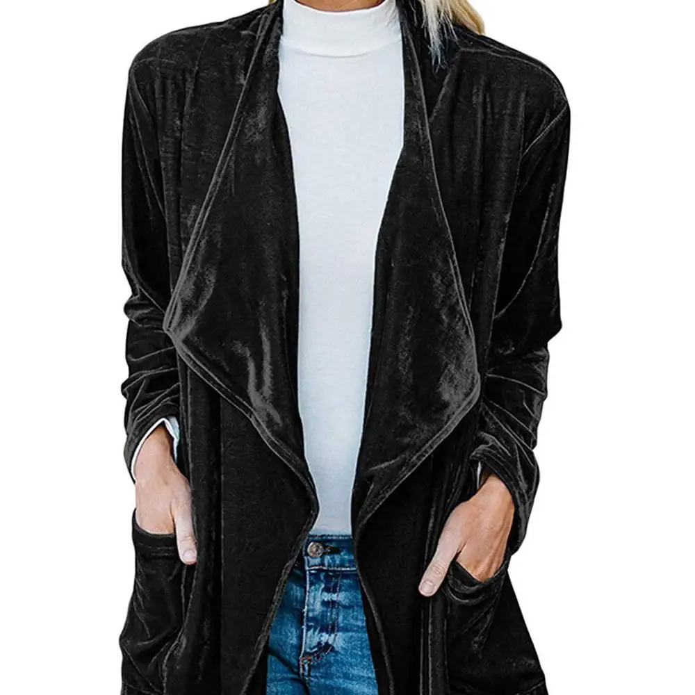 

2020 Autumn And Winter New European and American Cardigan Jacket Lady Lapel Solid Color Velvet Mid-Length Windbreaker Women Coat