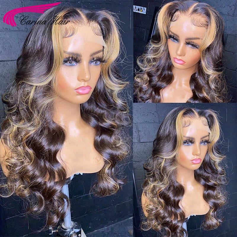 

Highlight Human Hair Wigs Wavy Lace Frontal Wig 180% Brazilian Remy Ombre Blonde And Brown Highlight Wig Preplucked