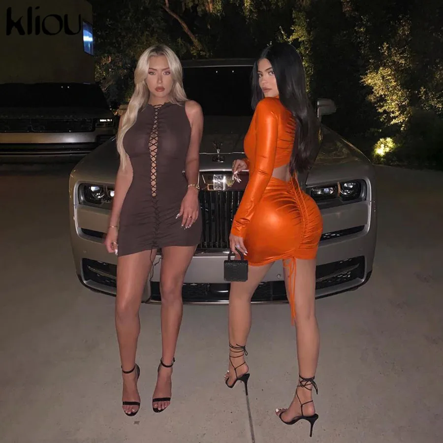 Kliou женское ФЛУОРЕСЦЕНТНОЕ оранжевое черное платье с длинным рукавом Кружевное водолазка модное Открытое платье открытая спина женская одежда