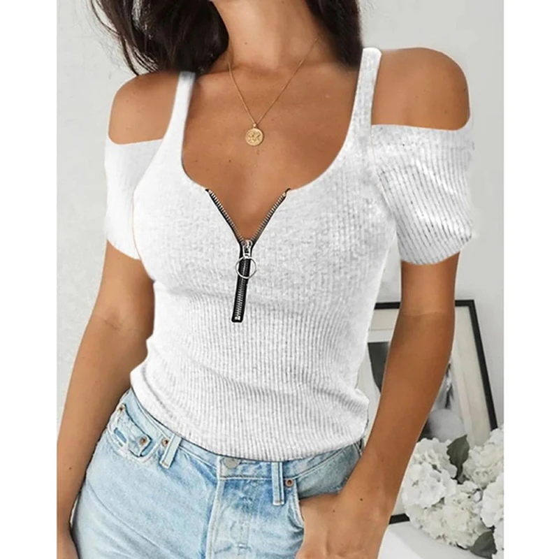 

Blouse Women Cold Shoulder Short Sleeve Zipper Top Summer Casual Slim Womens Blouse Sexy V Neck Shirts Tops Blusas De Mujer
