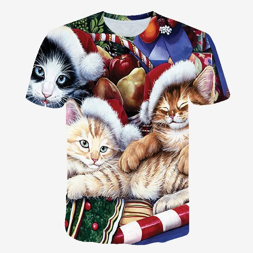 

3D Printed Christmas T-shirt Girls Boys Cute Cat Animals Summer New O-neck Short-sleeved Fashion Streetwear Children Clothes Top