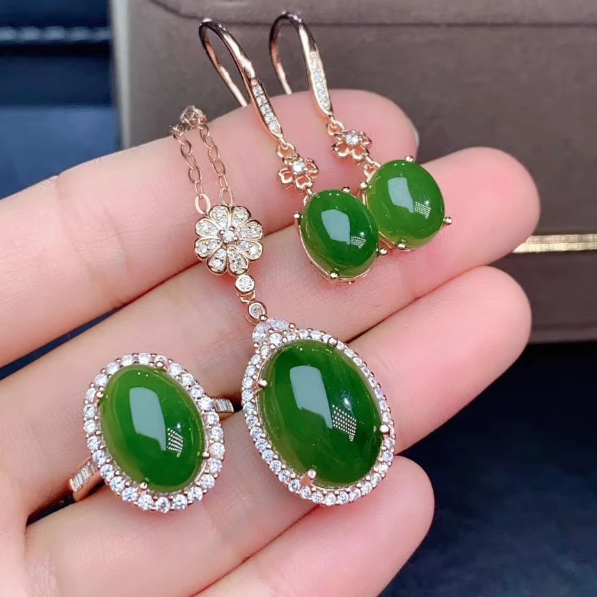 

MeiBaPJ Classic Natural Nephrite Jade Gemstone Jewelry Set Real 925 Sterling Silver 3 Piece Siut Fine Jewelry for Women