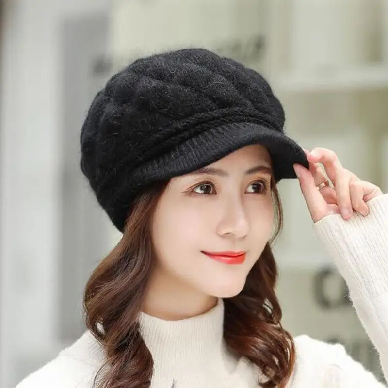 Autumn Winter Hats for Women Warm Thick Rabbit Fur Hats Women Newsboy Berets Ladies With Woolen Knitted Hat Female Caps