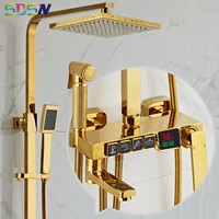 gold digital shower set hot cold brass bathroom mixer tap faucet rainfall shower head luxury gold thermostatic shower system set
