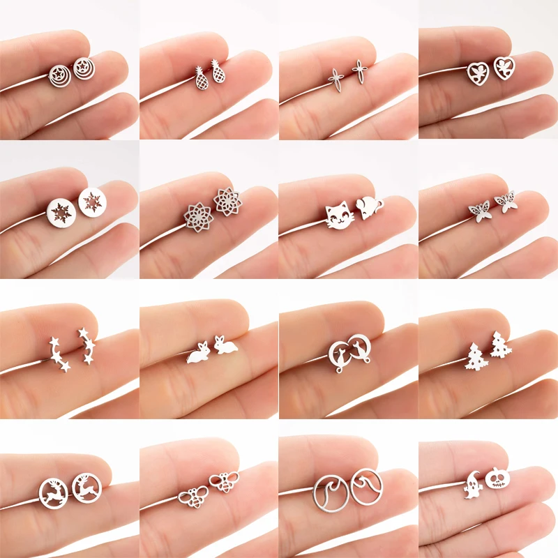 Женские серьги гвоздики из нержавеющей стали маленькие в форме кошки звезды