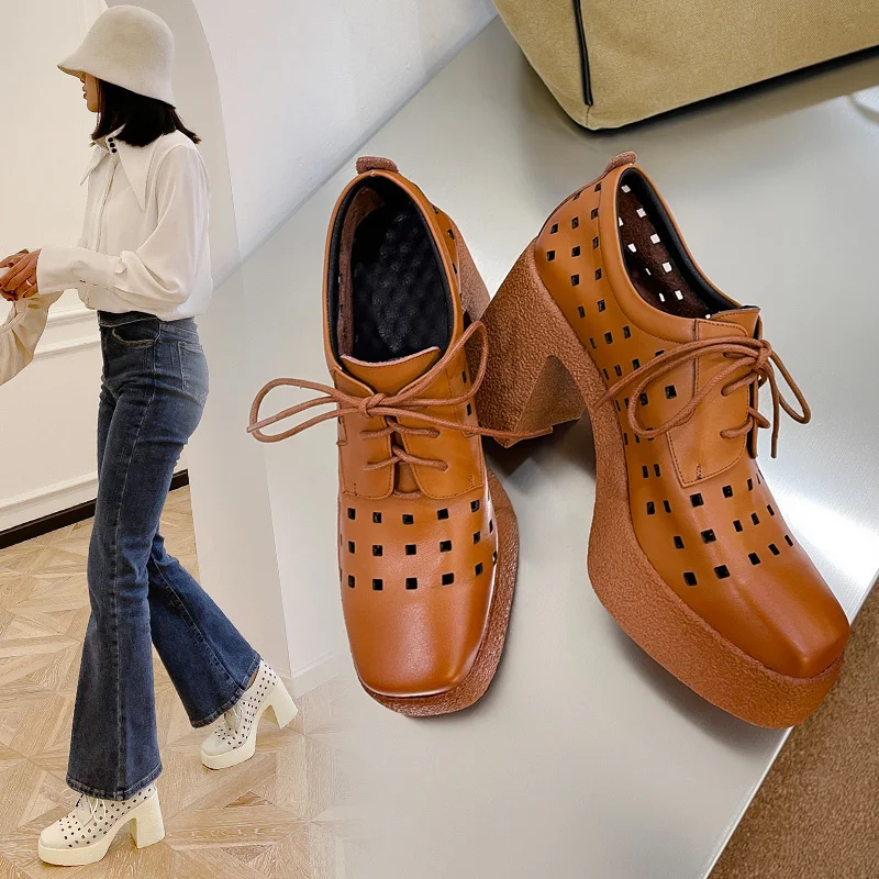 

Outs Hollow Lace Up Single Women S Pumps Summer Genuine Leather Breathable Thick Heel High Heels Retro Casual Shoes