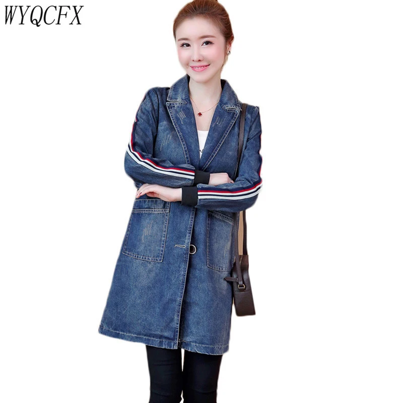 Новинка 2019 Модное Длинное джинсовое пальто для женщин весна-осень большой размер