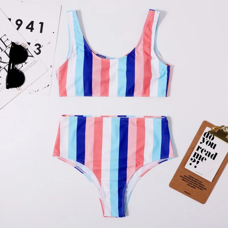 

Rainbow Striped Bikini Push Up Swimsuits Women 2021 2 Pieces Swimwear High Waist Bikini Brazilian Sexy Bathing Suit Women