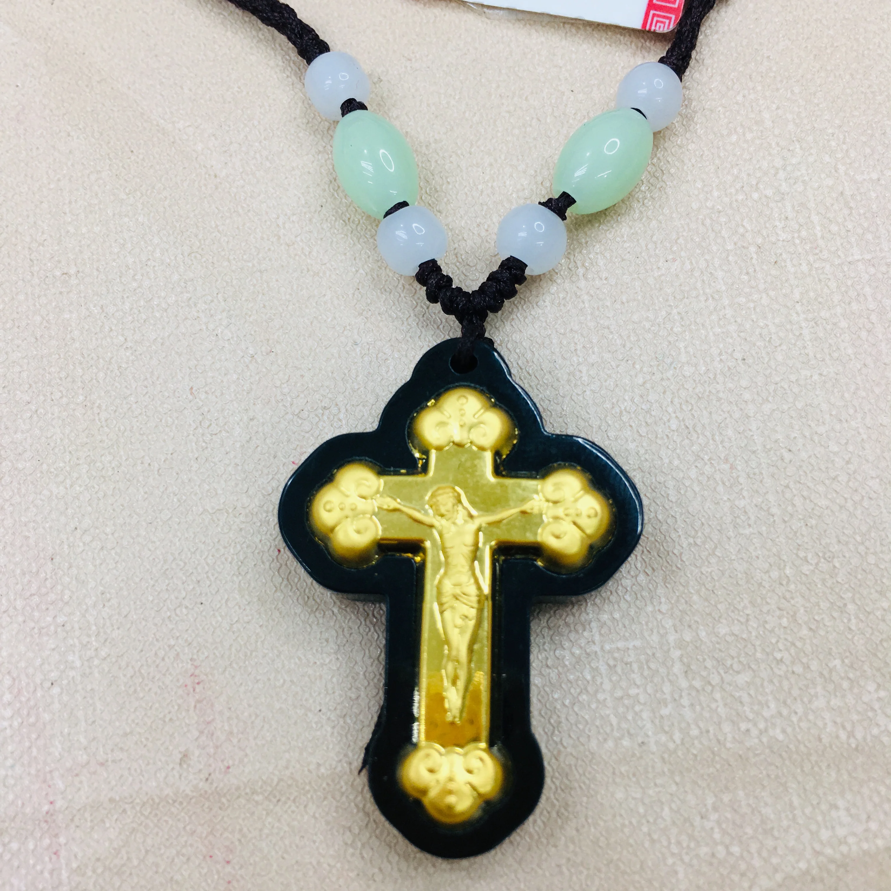 Zheru Natural Hetian Black Jade Inlaid Gold Cross Pendant with Green Bead Rope Necklace Male and Female Jewelry Send a certifica | Украшения