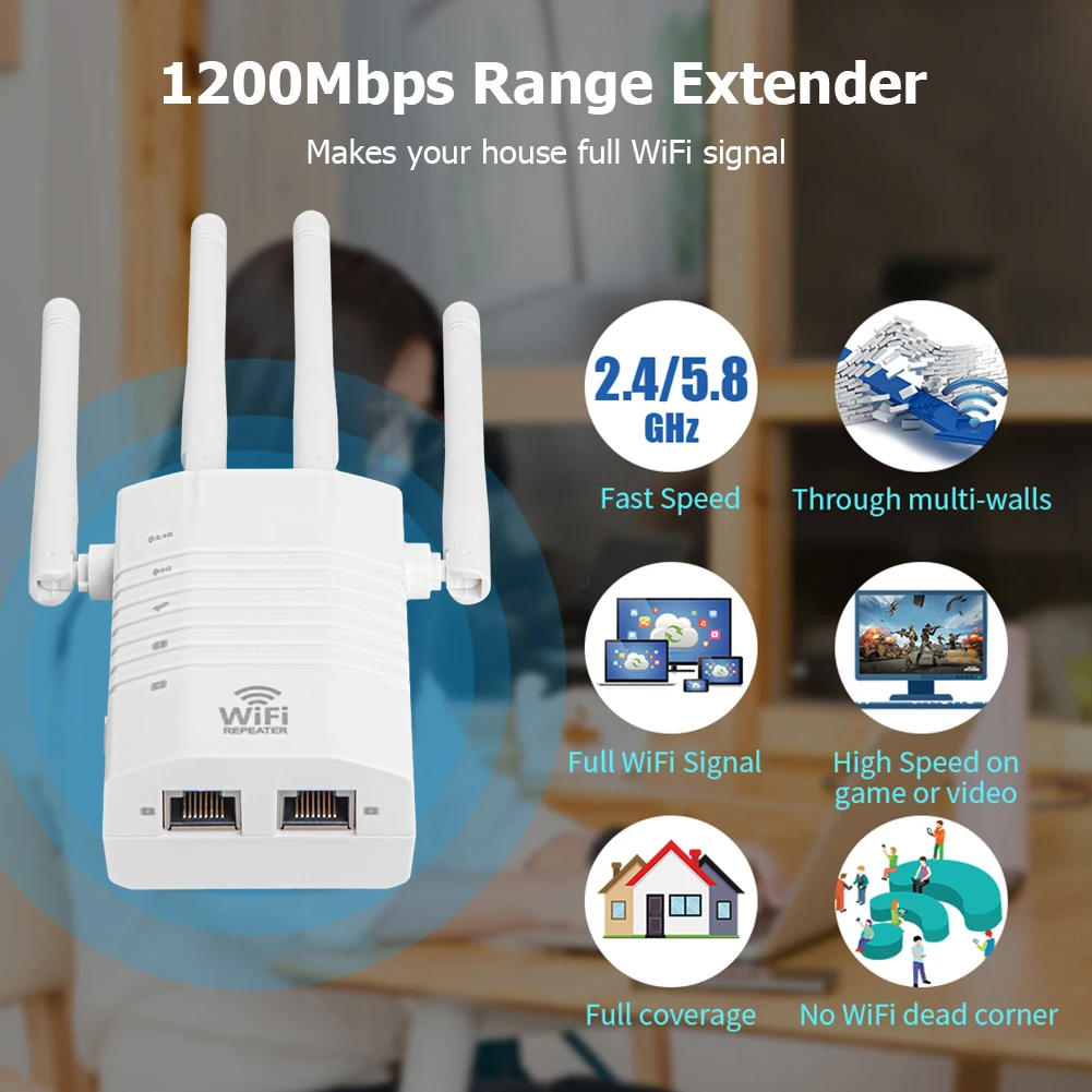 

Wireless WiFi Repeater Elaborate Manufacture Prolonged Durable 1200Mbps Signal Amplifier 4 Antenna WiFi Range Extender