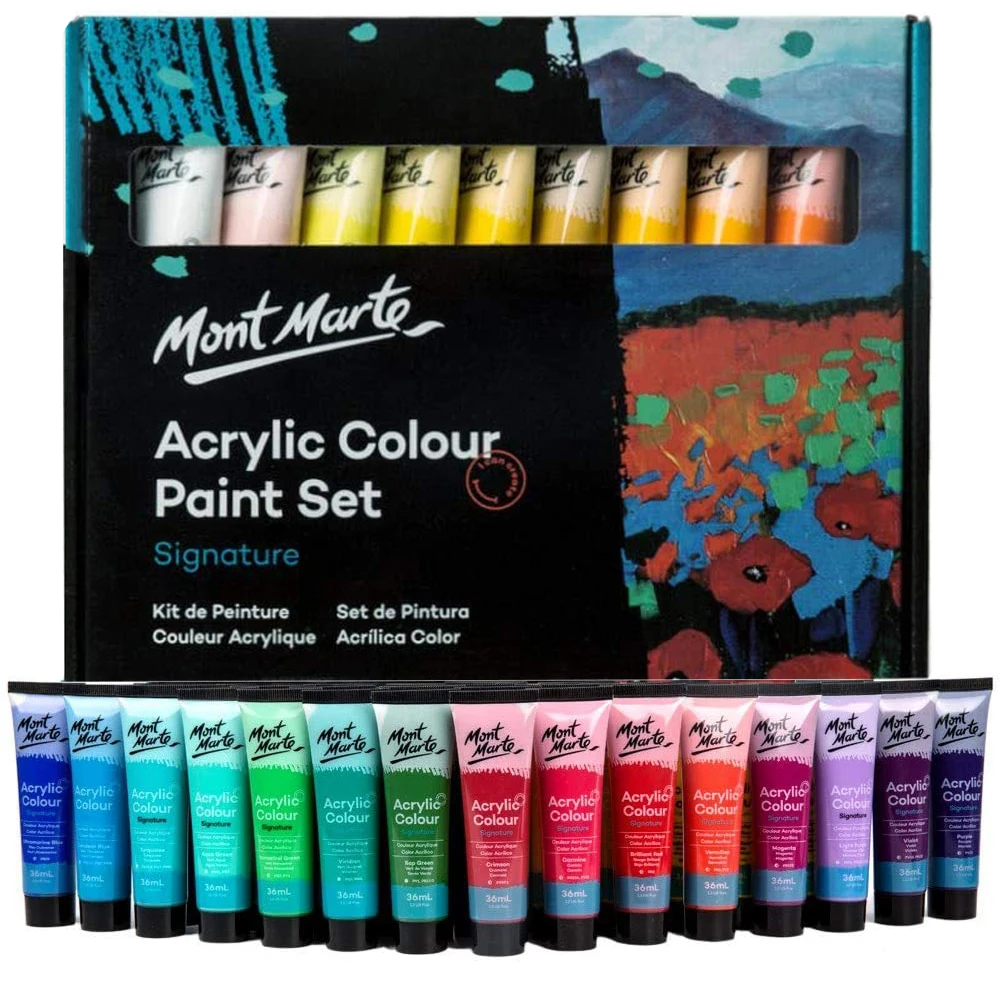 Mont Marte Premium Metallic Acrylic Paint Set 36ML x 36Colors Suitable for Most Surfaces Including Canvas Card Paper and Wood