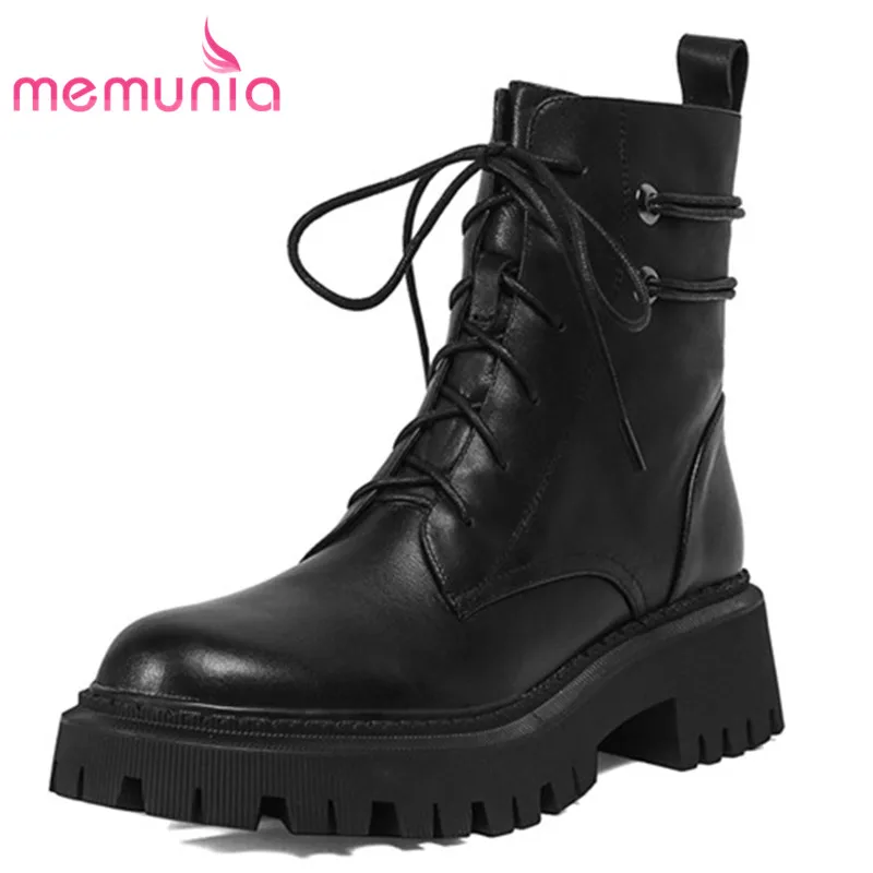 

MEMUNIA 2021 Top Quality Genuine Leather Ankle Boots For Women Cross Tied Square Heel Fashion Shoes Cool Motorcycle Boots Women
