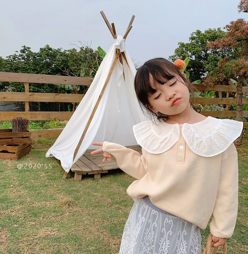 

Весна-Осень 2021, корейский свитшот с кружевным воротником для девочек, футболка, милая детская футболка, Детская рубашка с лацканами, топ, фут...