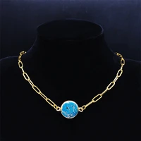 2022 stainless steel blue imperial stone necklaces chain women gold color round pendants necklaces jewelry bijoux femme nxs04