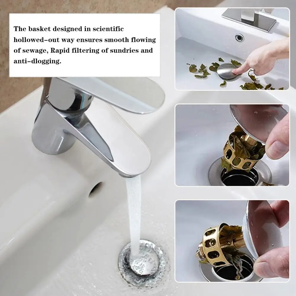 

Universal Wash Basin Bounce Drain Filter No Overflow Pop up Bathroom Sink Plug with Basket Kitchen Strainer Sink 1.38'' Diameter