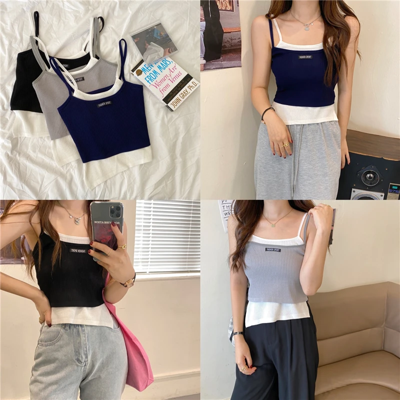 

Real shot and real price~ Spring and summer new slim-fit fake two-piece color matching inner and outer camisole