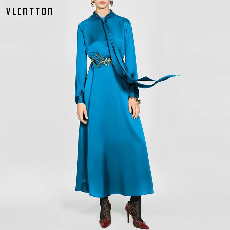 Женское шелковое атласное платье макси с длинным рукавом и бантом|Женские