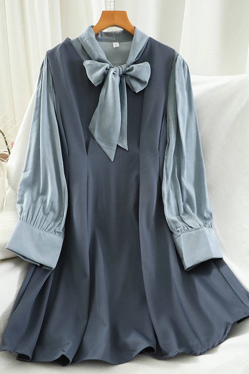 

Casual 2pcs Suit Female Blue/Khaki Bow Collar Long Sleeve Chiffon Blouse And Mini Dress Autumn Fashion Two Piece Set For Women