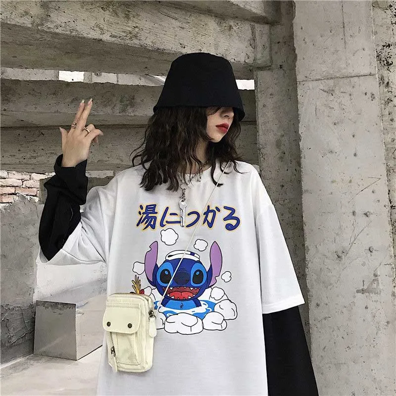 NiceMix Женская Harajuku Винтажная футболка с длинным рукавом Ulzzang лоскутное письмо комический принт свободный Круглый Вырез Эластичный весенний зимний топ F