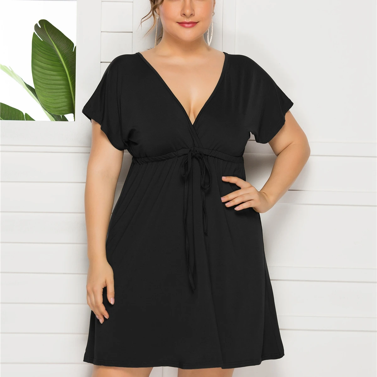 

Plus Size Summer Women's Light Dress 2021 Elastic Lace Up 4XL Oversize Casual Home Dresses Sexy V Neck Short Sleeve Soft